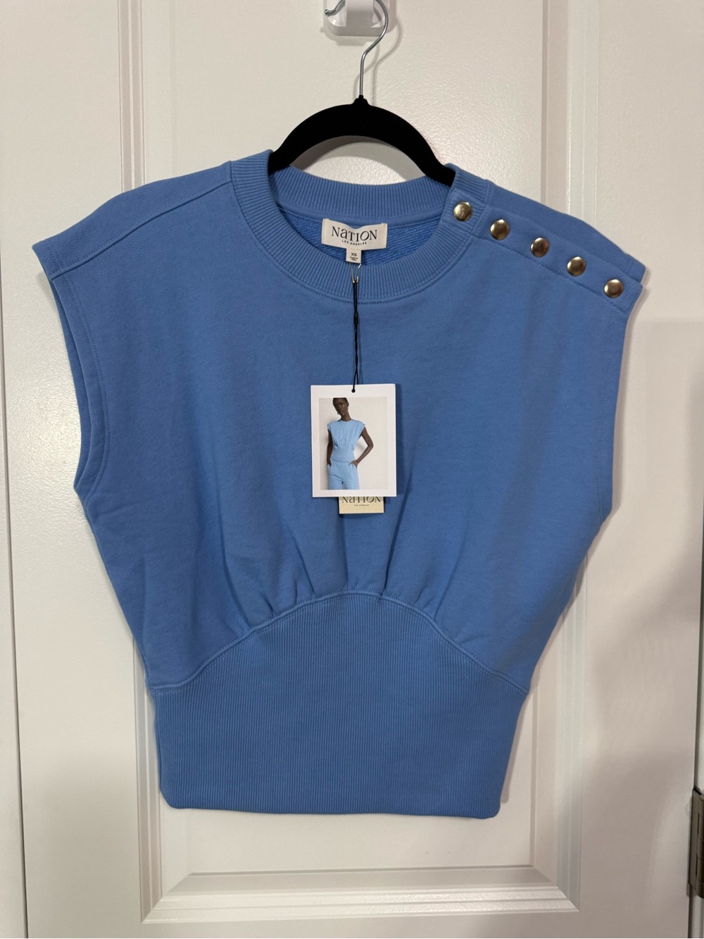Nation LTD Periwinkle Sleeveless Sweatshirt Top with Gold Shoulder Buttons